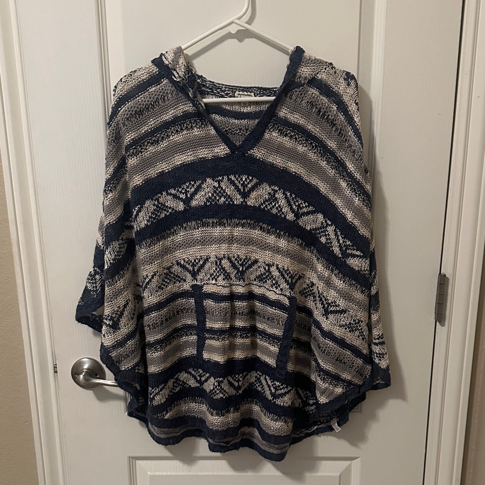 Striped Navy and Cream Hooded Poncho